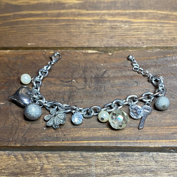 Jewelry - Silver Charm Bracelet with Heart, Key, Flower and More Beads